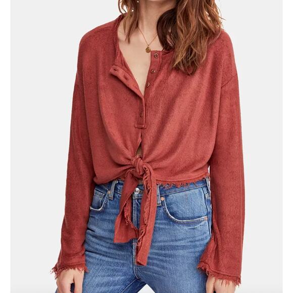 Free People Emma's Henley Tie Front Cozy Terry Cloth Long Sleeve Top Size Large - Picture 1 of 9